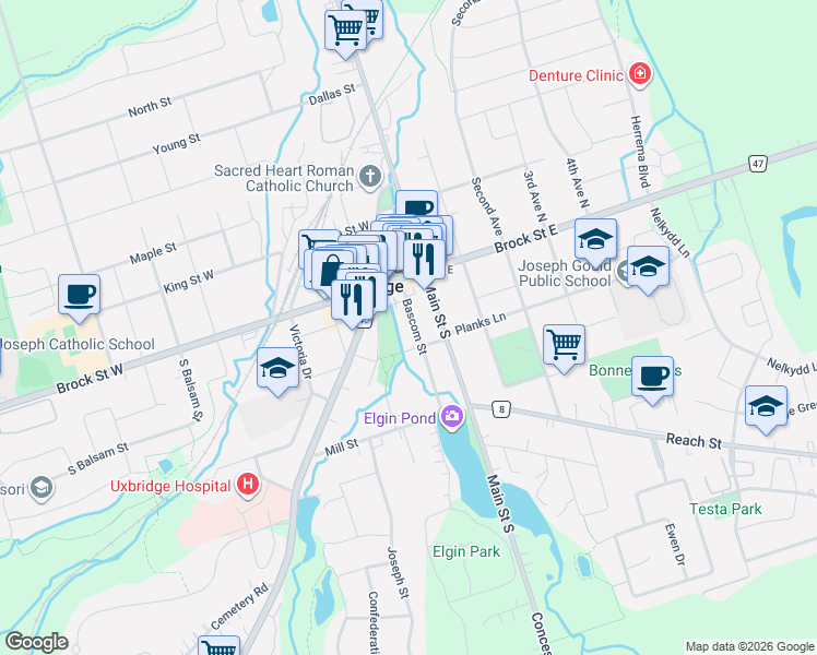 map of restaurants, bars, coffee shops, grocery stores, and more near 40 Bascom Street in Uxbridge