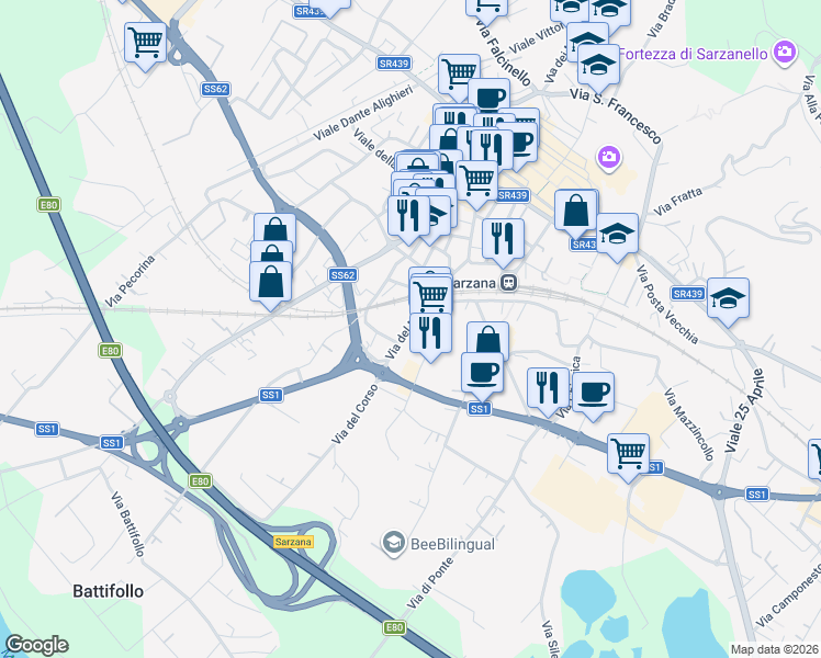 map of restaurants, bars, coffee shops, grocery stores, and more near 26 Via del Murello in Sarzana
