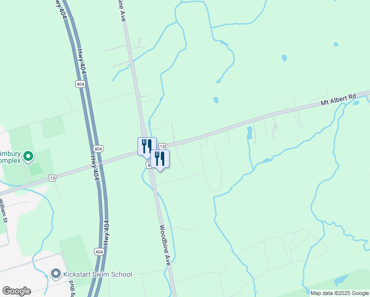 map of restaurants, bars, coffee shops, grocery stores, and more near 2303 Mount Albert Road in East Gwillimbury