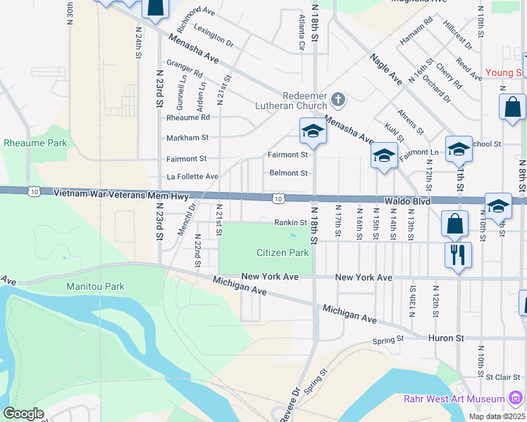 map of restaurants, bars, coffee shops, grocery stores, and more near 1842 Rankin Street in Manitowoc