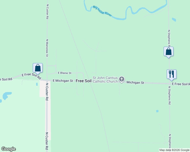 map of restaurants, bars, coffee shops, grocery stores, and more near 8446 North Democrat Street in Free Soil