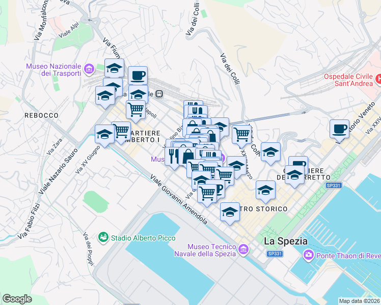 map of restaurants, bars, coffee shops, grocery stores, and more near 205 Corso Cavour in La Spezia