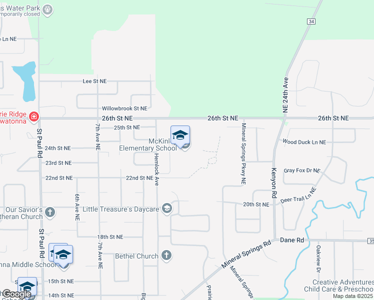 map of restaurants, bars, coffee shops, grocery stores, and more near 1050 22nd Street Northeast in Owatonna