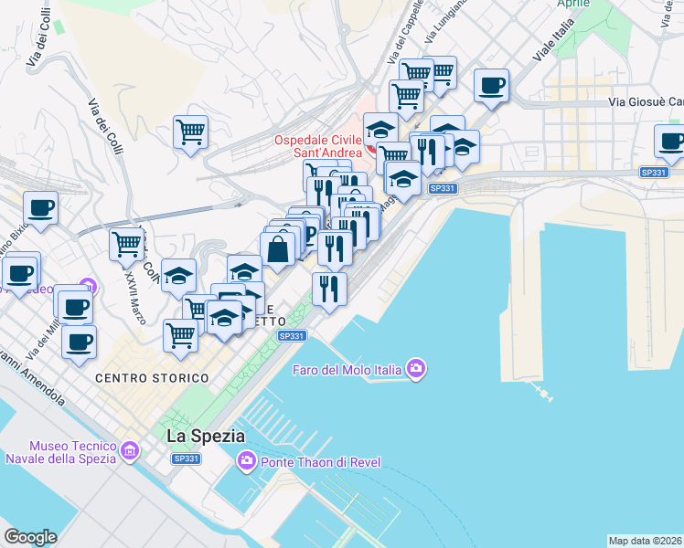 map of restaurants, bars, coffee shops, grocery stores, and more near 49 Viale Italia in La Spezia