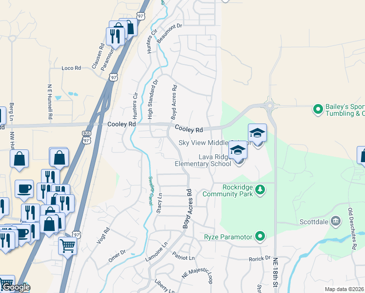 map of restaurants, bars, coffee shops, grocery stores, and more near 63552 Boyd Acres Road in Bend