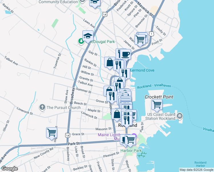 map of restaurants, bars, coffee shops, grocery stores, and more near 38 Talbot Avenue in Rockland