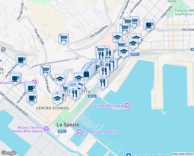 map of restaurants, bars, coffee shops, grocery stores, and more near 15 Viale Italia in La Spezia