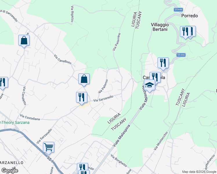 map of restaurants, bars, coffee shops, grocery stores, and more near 101 Via Sarzanello in Sarzana