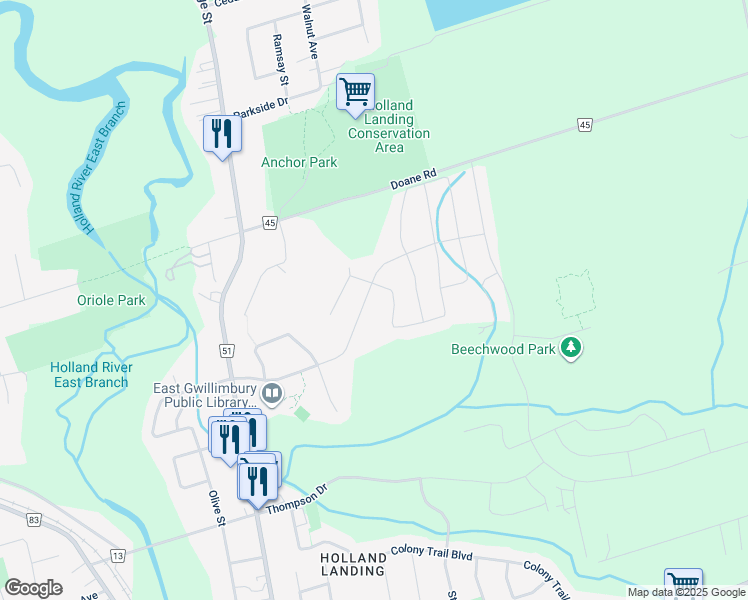 map of restaurants, bars, coffee shops, grocery stores, and more near 103 Beckett Avenue in East Gwillimbury