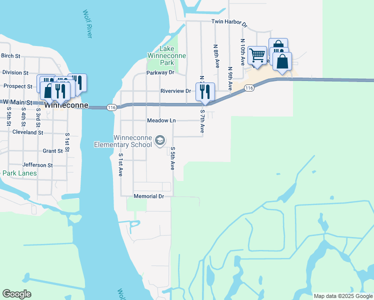 map of restaurants, bars, coffee shops, grocery stores, and more near 317 South 5th Avenue in Winneconne