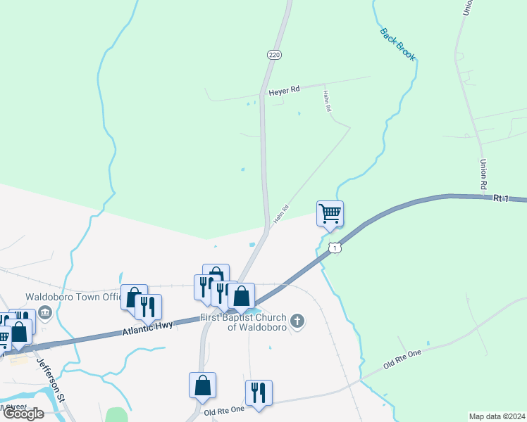 map of restaurants, bars, coffee shops, grocery stores, and more near 186 Washington Road in Waldoboro