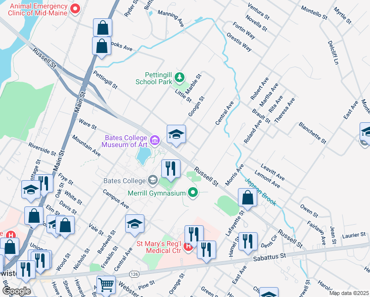 map of restaurants, bars, coffee shops, grocery stores, and more near 95 Russell Street in Lewiston