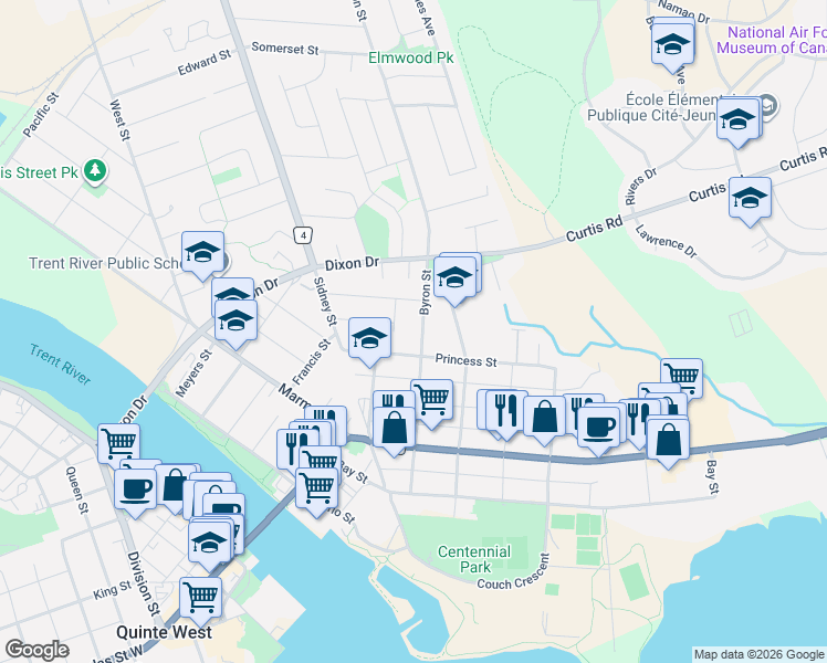 map of restaurants, bars, coffee shops, grocery stores, and more near 81 Byron Street in Quinte West