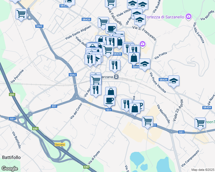 map of restaurants, bars, coffee shops, grocery stores, and more near 22 Via del Murello in Sarzana