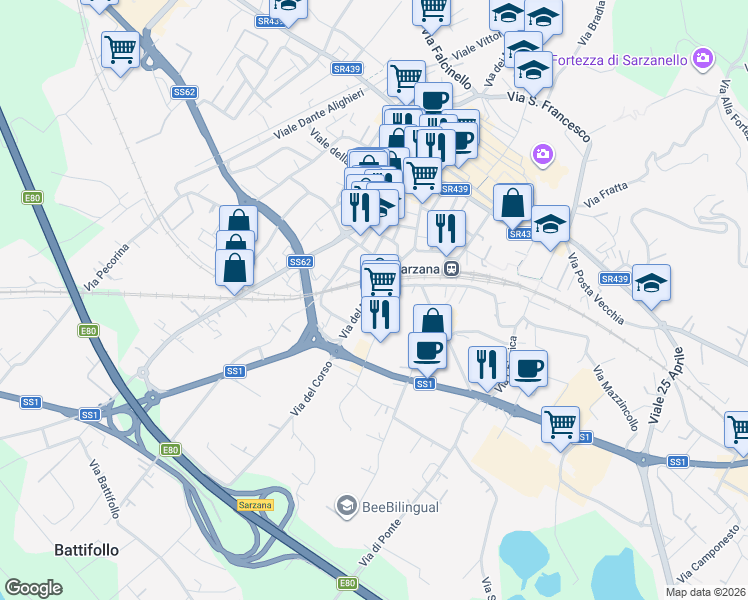 map of restaurants, bars, coffee shops, grocery stores, and more near 26 Via del Murello in Sarzana