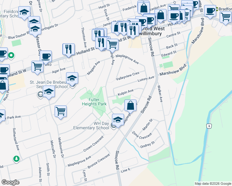 map of restaurants, bars, coffee shops, grocery stores, and more near 143 Kulpin Avenue in Bradford West Gwillimbury