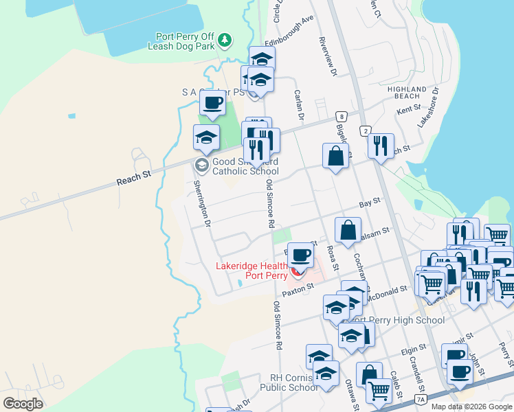 map of restaurants, bars, coffee shops, grocery stores, and more near 31 Southampton Street in Scugog