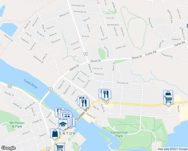 map of restaurants, bars, coffee shops, grocery stores, and more near 107 Sidney Street in Quinte West