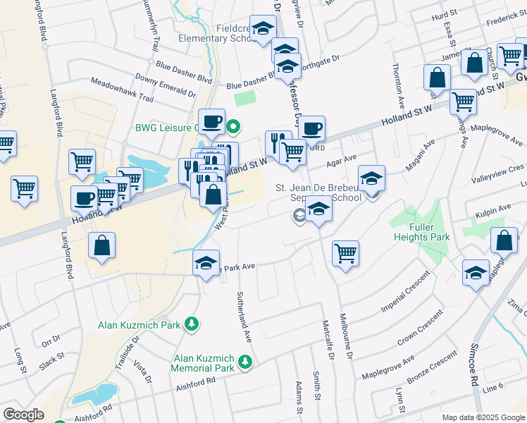 map of restaurants, bars, coffee shops, grocery stores, and more near in Bradford West Gwillimbury