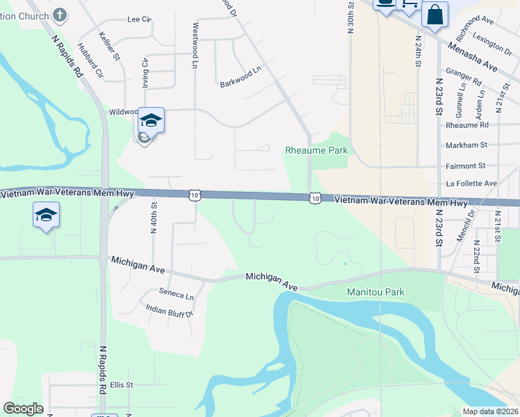 map of restaurants, bars, coffee shops, grocery stores, and more near 1002 East Crescent Drive in Manitowoc
