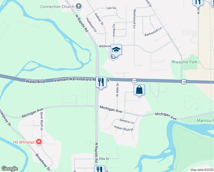 map of restaurants, bars, coffee shops, grocery stores, and more near 4029 Waldo Boulevard in Manitowoc