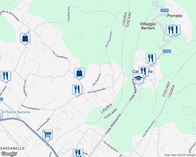 map of restaurants, bars, coffee shops, grocery stores, and more near 16 Via Paterno in Sarzana