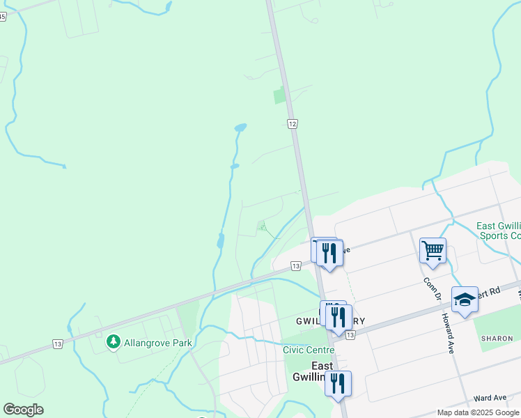 map of restaurants, bars, coffee shops, grocery stores, and more near 8 Ladder Crescent in East Gwillimbury