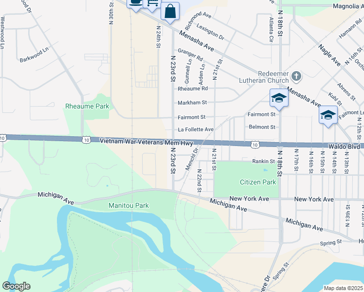 map of restaurants, bars, coffee shops, grocery stores, and more near 2233 La Follette Avenue in Manitowoc