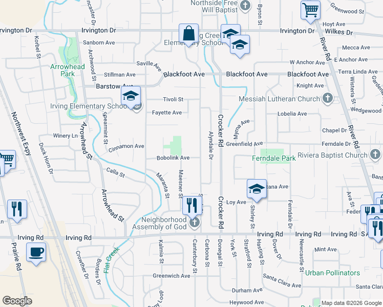 map of restaurants, bars, coffee shops, grocery stores, and more near 835 Bobolink Avenue in Eugene