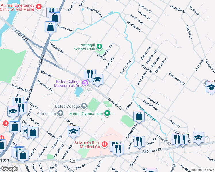 map of restaurants, bars, coffee shops, grocery stores, and more near 39 Wellman Street in Lewiston