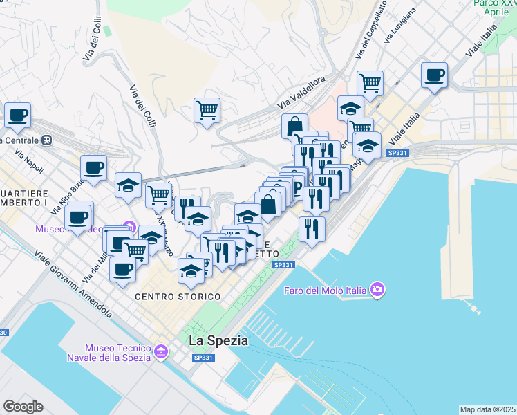 map of restaurants, bars, coffee shops, grocery stores, and more near 47 Via dei Colli in La Spezia