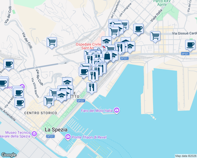 map of restaurants, bars, coffee shops, grocery stores, and more near 49 Viale Italia in La Spezia