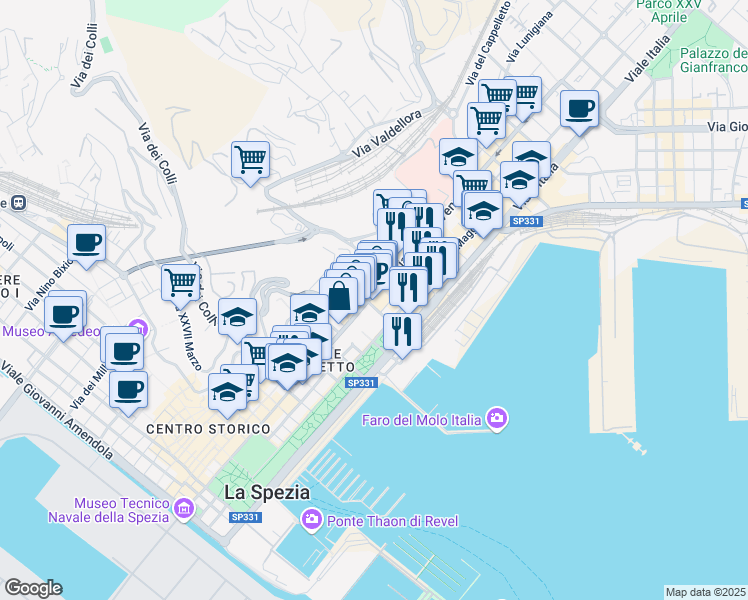 map of restaurants, bars, coffee shops, grocery stores, and more near 71 Via Francesco Crispi in La Spezia