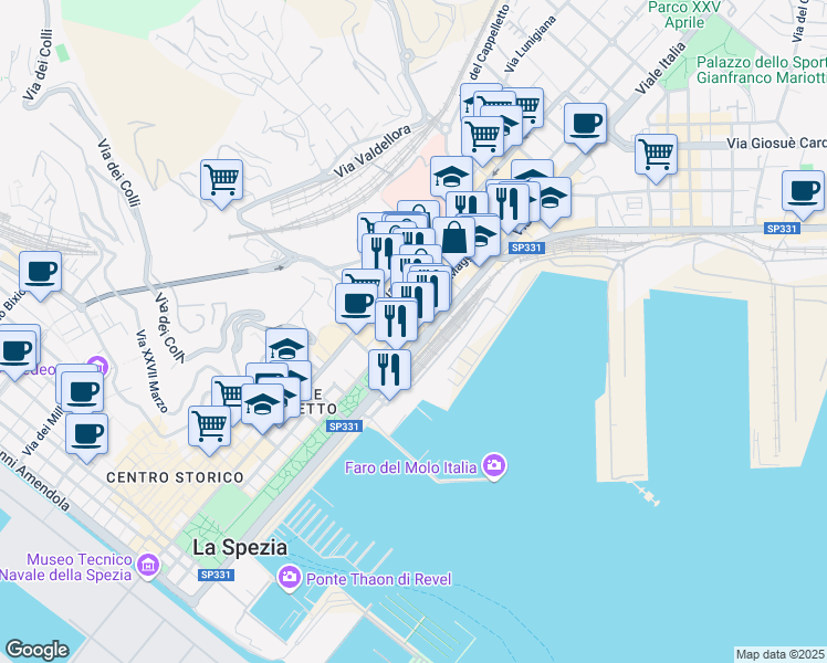 map of restaurants, bars, coffee shops, grocery stores, and more near 35 Via XXIV Maggio in La Spezia