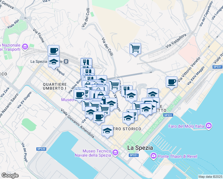 map of restaurants, bars, coffee shops, grocery stores, and more near Via Cernaia in La Spezia