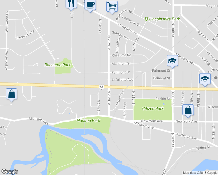map of restaurants, bars, coffee shops, grocery stores, and more near 2301 Waldo Boulevard in Manitowoc