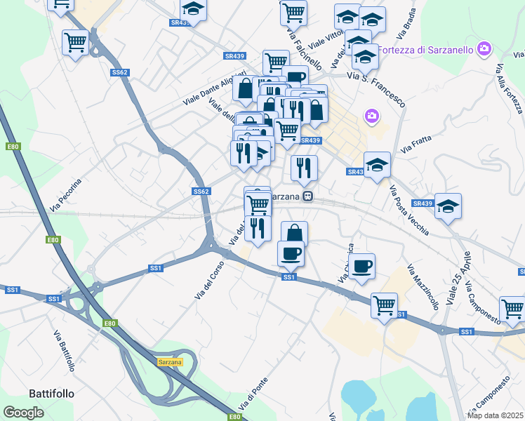 map of restaurants, bars, coffee shops, grocery stores, and more near Via Murello in Sarzana