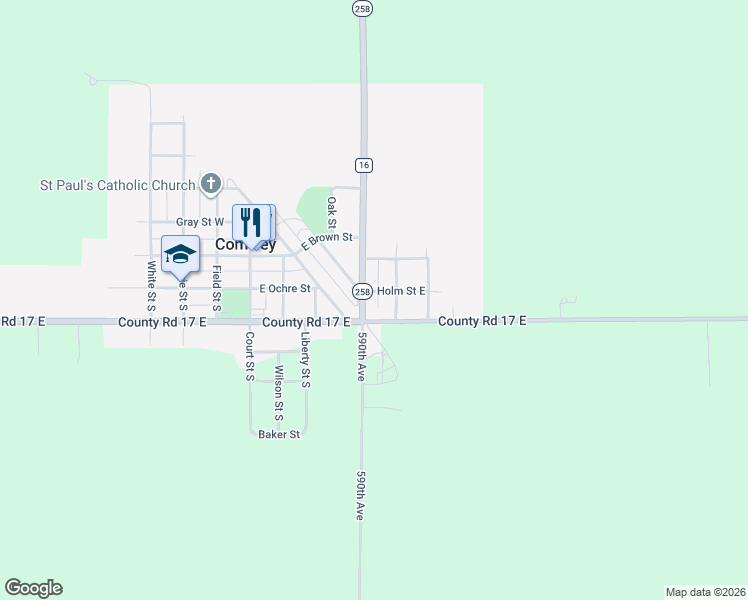 map of restaurants, bars, coffee shops, grocery stores, and more near 108 County Road 16 in Comfrey