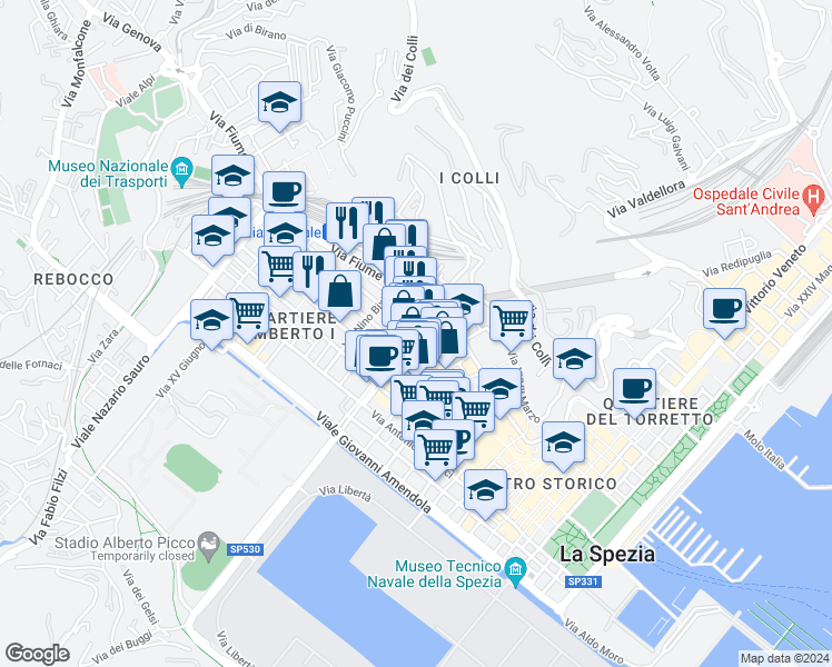 map of restaurants, bars, coffee shops, grocery stores, and more near Piazza Giuseppe Garibaldi in La Spezia