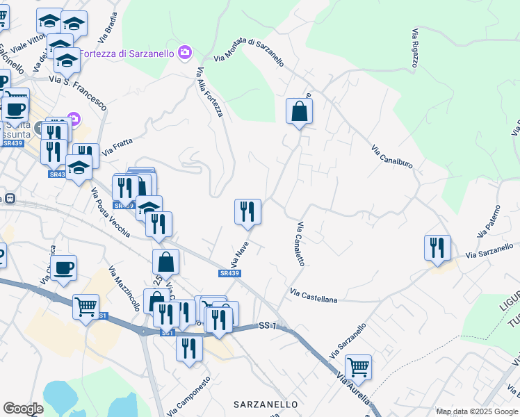 map of restaurants, bars, coffee shops, grocery stores, and more near 16 Via Nave in Sarzana