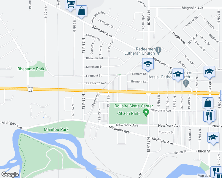 map of restaurants, bars, coffee shops, grocery stores, and more near 2016 Waldo Boulevard in Manitowoc