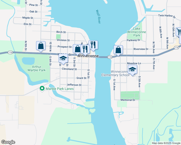 map of restaurants, bars, coffee shops, grocery stores, and more near 211 South 1st Street in Winneconne