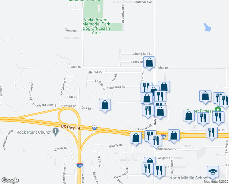 map of restaurants, bars, coffee shops, grocery stores, and more near 2404 Gnugnuska Drive in Rapid City