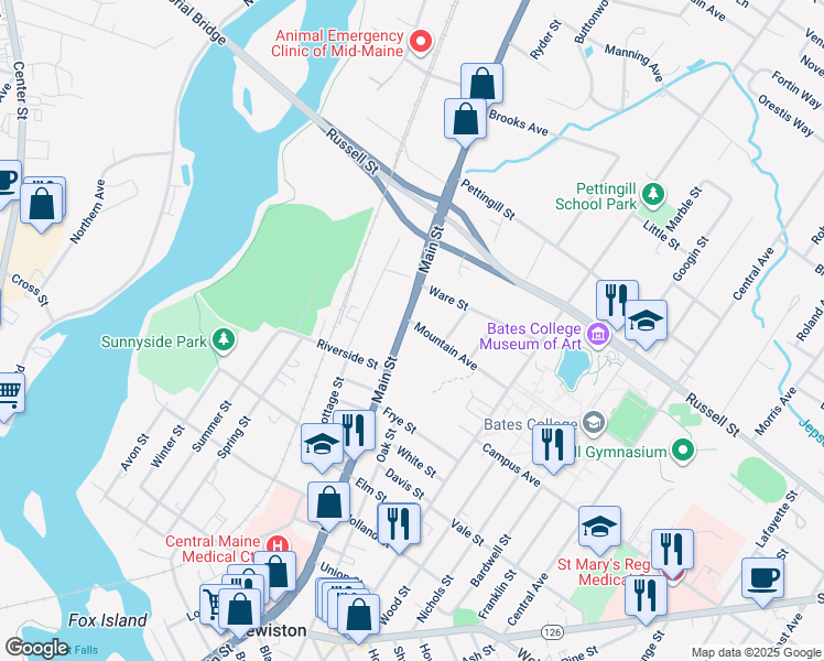 map of restaurants, bars, coffee shops, grocery stores, and more near 497 Main Street in Lewiston
