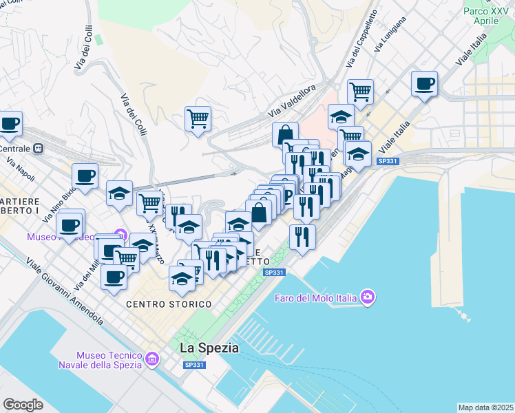 map of restaurants, bars, coffee shops, grocery stores, and more near 47 Via dei Colli in La Spezia