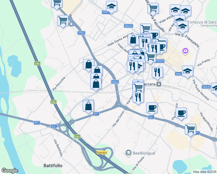 map of restaurants, bars, coffee shops, grocery stores, and more near 841 Via Brigata Partigiana Ugo Muccini in Sarzana