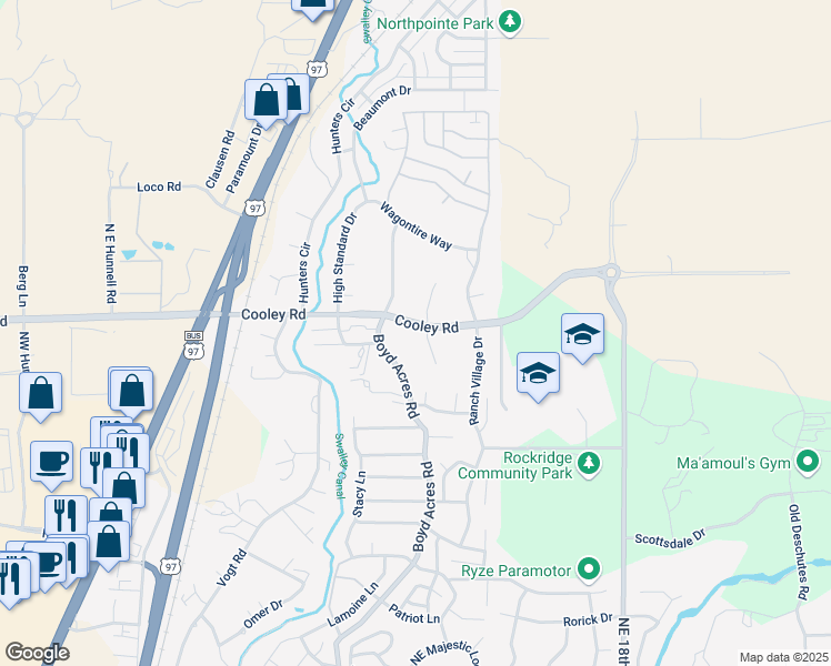 map of restaurants, bars, coffee shops, grocery stores, and more near 63585 Brahma Court in Bend