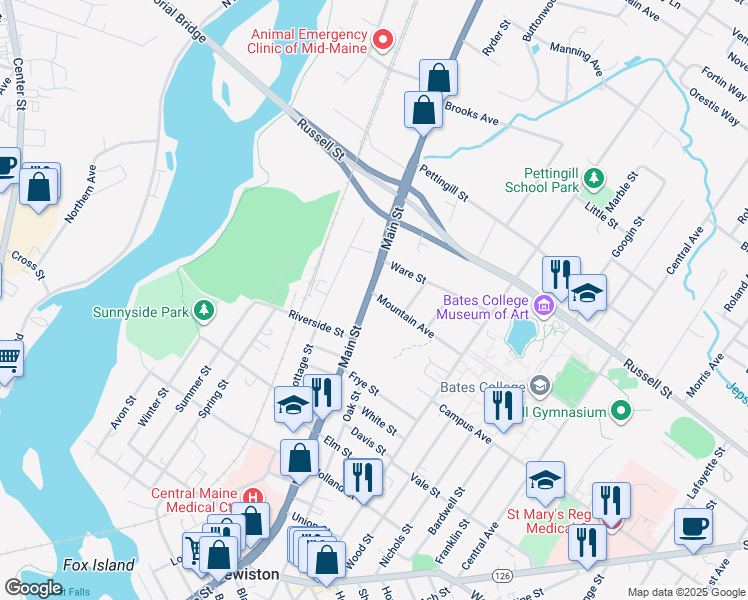 map of restaurants, bars, coffee shops, grocery stores, and more near 497 Main Street in Lewiston