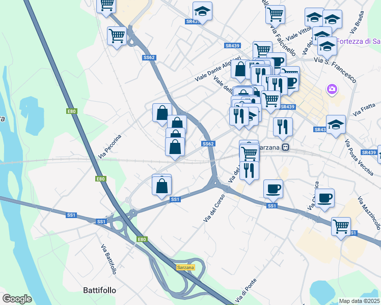 map of restaurants, bars, coffee shops, grocery stores, and more near 841 Via Brigata Partigiana Ugo Muccini in Sarzana
