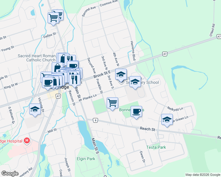 map of restaurants, bars, coffee shops, grocery stores, and more near 48 3rd Avenue South in Uxbridge